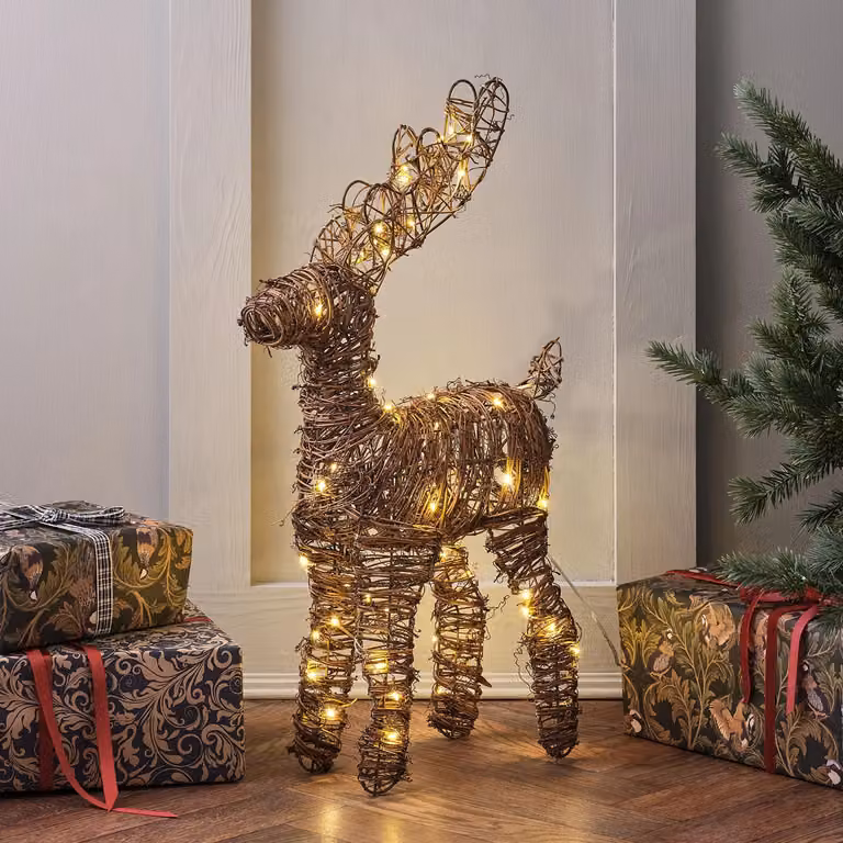 Lights4fun Christmas Indoor Light Up Rattan Reindeer Figure Decoration in White and Brown with Warm White LED, Height: 55 cm
