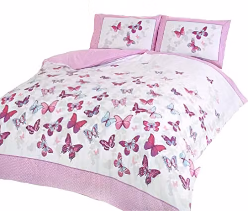 Rapport Home Pink Butterfly Reversible Polycotton Duvet Cover Set with 2 Pillowcases, W/D/H: 230 x 220 x 180 cm