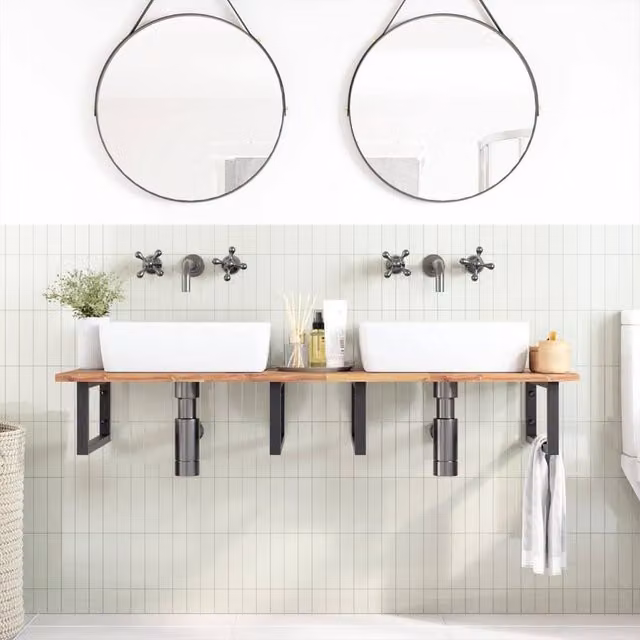 Berkfield Home Elegant Wall Mounted Basin Shelf in Brown Acacia Wood and Steel