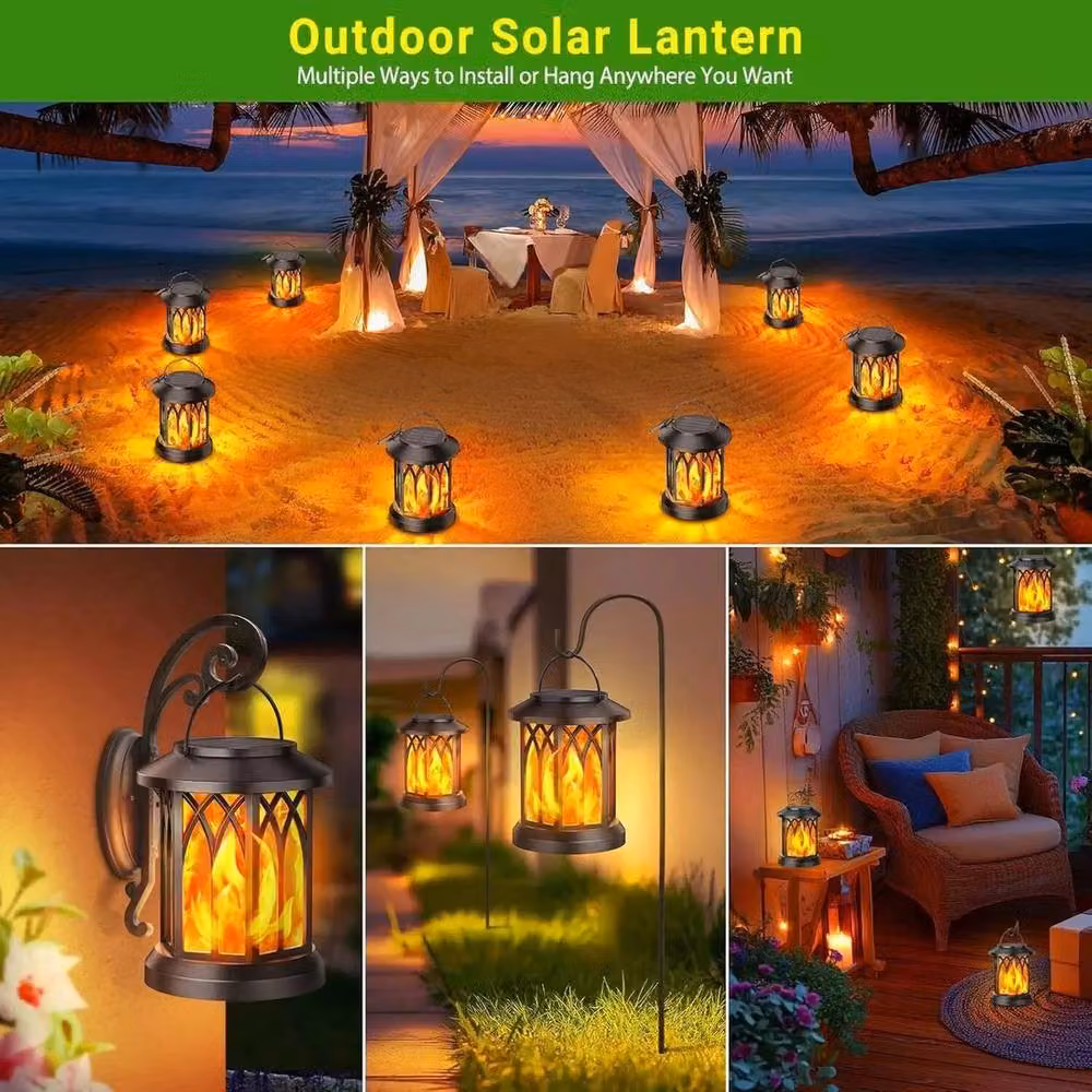 NESTLUNE 2-Piece Set of Black Metal Solar Hanging Lights with LED Flickering Flame – 3