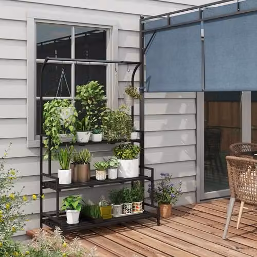 Outsunny 3 Tiered Plant Stand Ladder Shelf with Hanging Hooks in Black, H 170 x W 50 x D 50 cm – 2