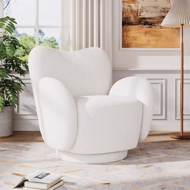 Komore Modern Upholstered Tub Swivel Armchair with Armrests in White and Grey