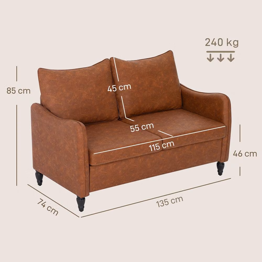 HOMCOM Modern 2 Seater Sofa in Brown Synthetic Leather with Rubberwood Legs – 2
