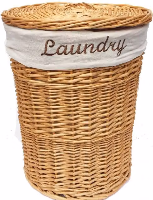 Topfurshing Brown and Yellow Round Wicker Laundry Basket with Lid and Removable Cotton Bag, Diameter: 59 cm