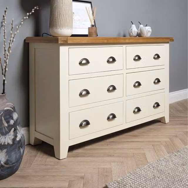 Elm Home And Garden Classic Lacquered White Oak Wood Chest of 6 Drawers