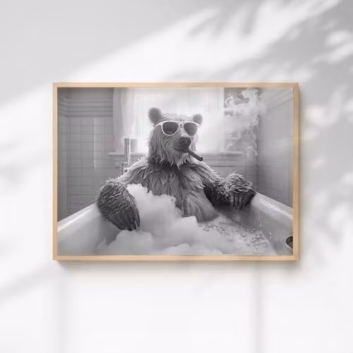 60 Second Makeover Bear Smoking A Cigar In The Bath Animal Print Paper Poster, A4