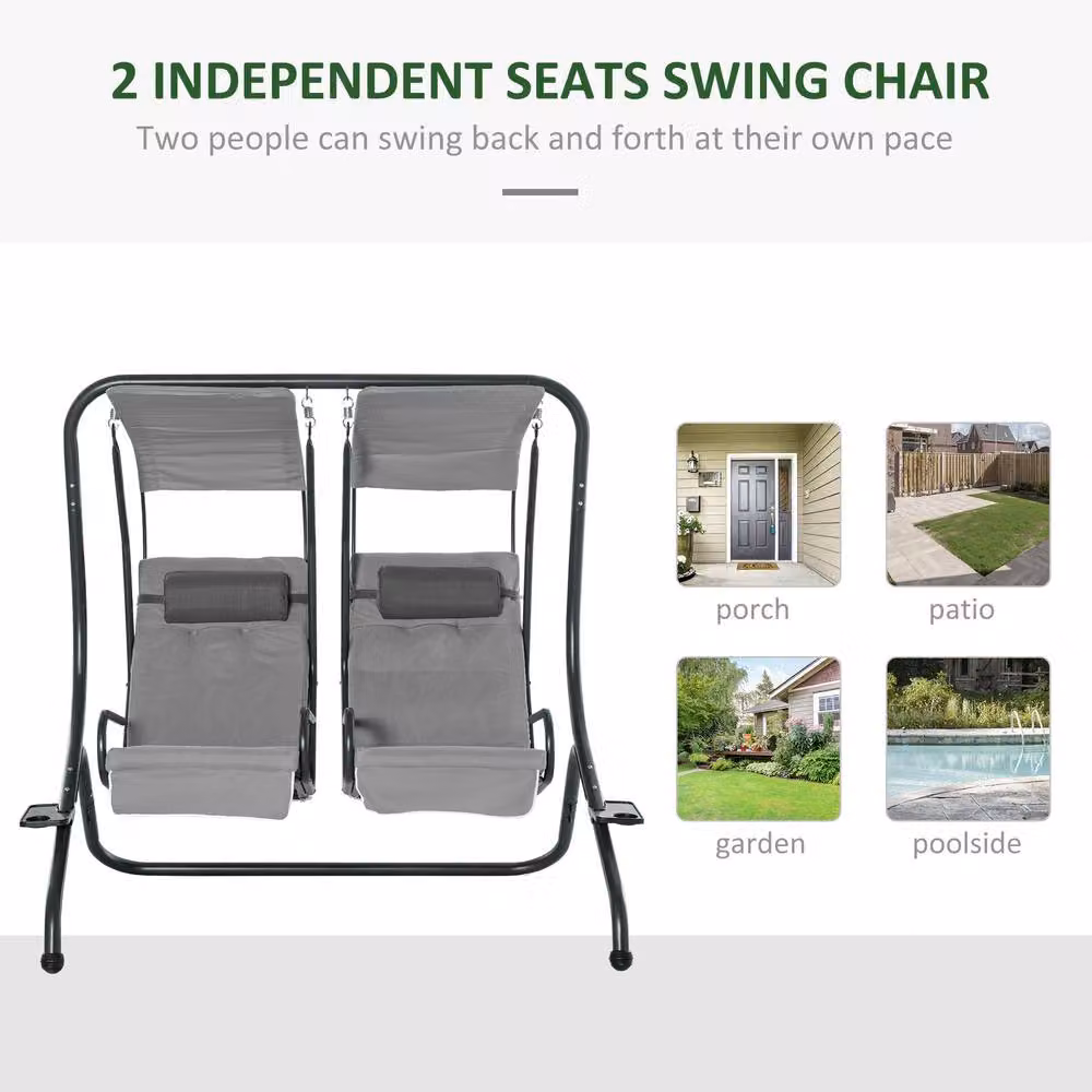 OUTSUNNY Modern Canopy Swing with 2 Separate Relax Chairs and Cup Holders in Grey – 3