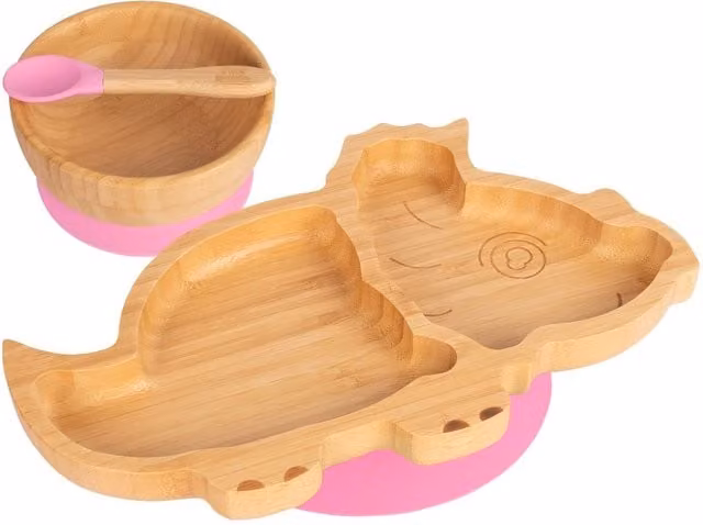 Tiny Dining 3pc Dinosaur Bamboo Suction Feeding Set in Pink – 1