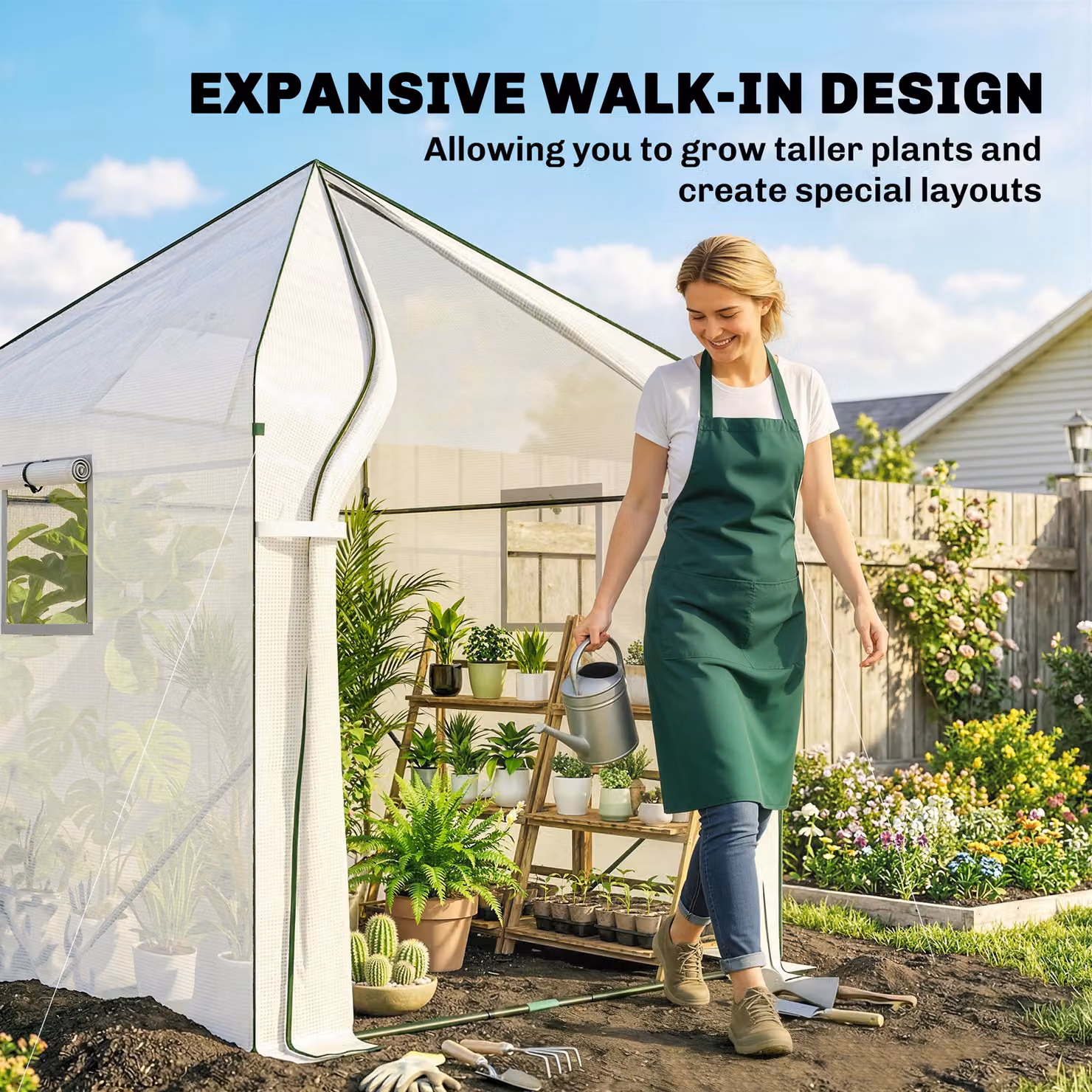 Outsunny White Walk-in Greenhouse with Steel Frame, Roll-up Door, Windows and PE Ground Cover – 2