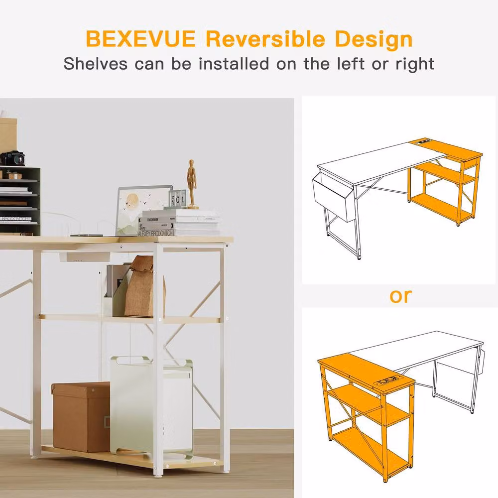 BEXEVUE Beige L-Shaped Gaming Desk with Power Outlets and Reversible Shelves W/D: 100 x 70 cm – 2