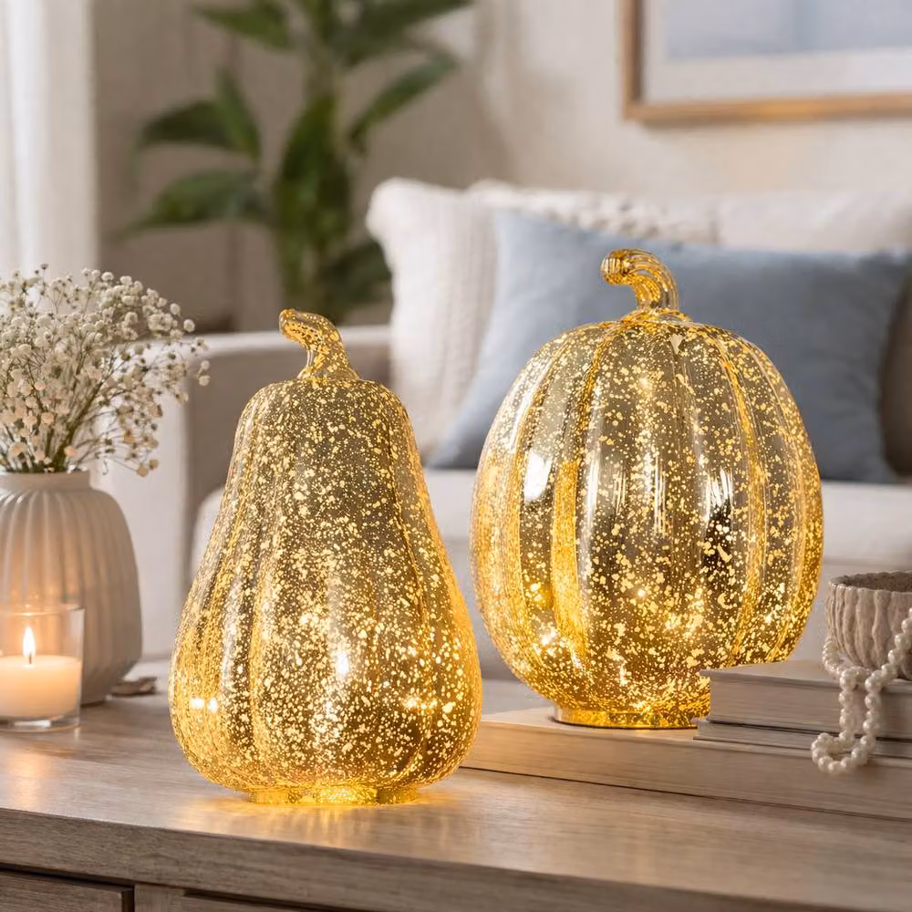 Marco Paul Set of 2 Gold Light Up Plastic Pumpkin and Squash Tabletop Decorations for Halloween – 7