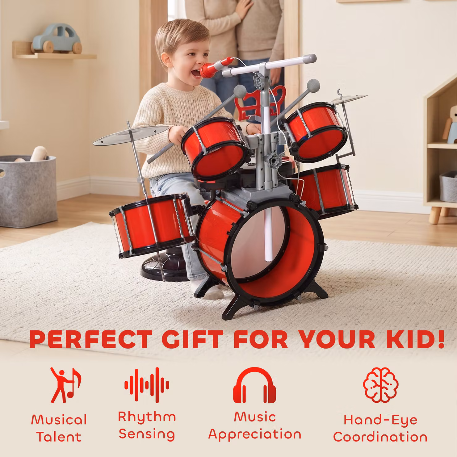 HOMCOM Kids Drum Set for Beginners in Red with Toy Microphone, Cymbal, Pedal and Drumsticks – 3