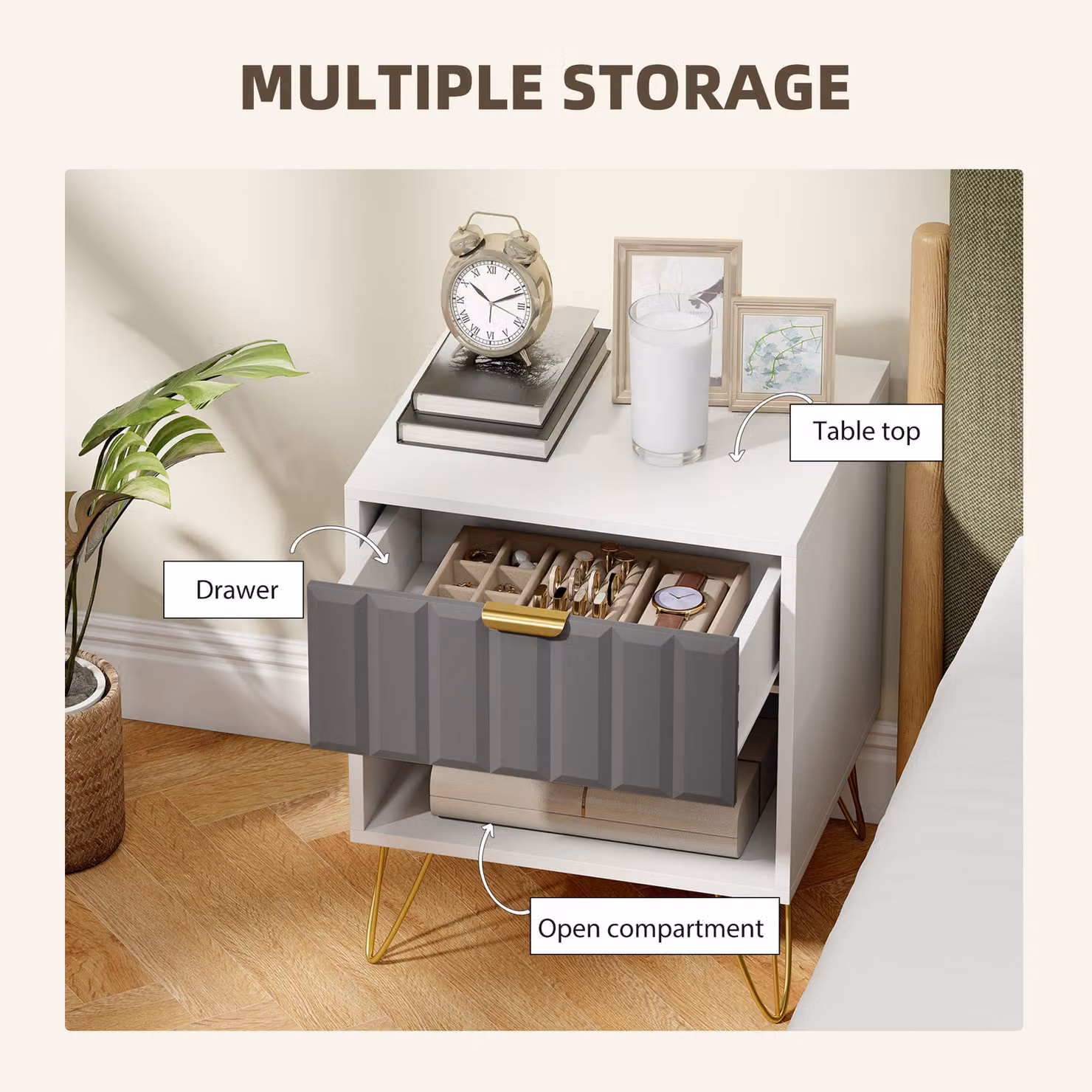 HOMCOM Modern White Bedside Table with Drawer and Open Compartment, W/D/H: 45 x 40 x 55 cm – 3