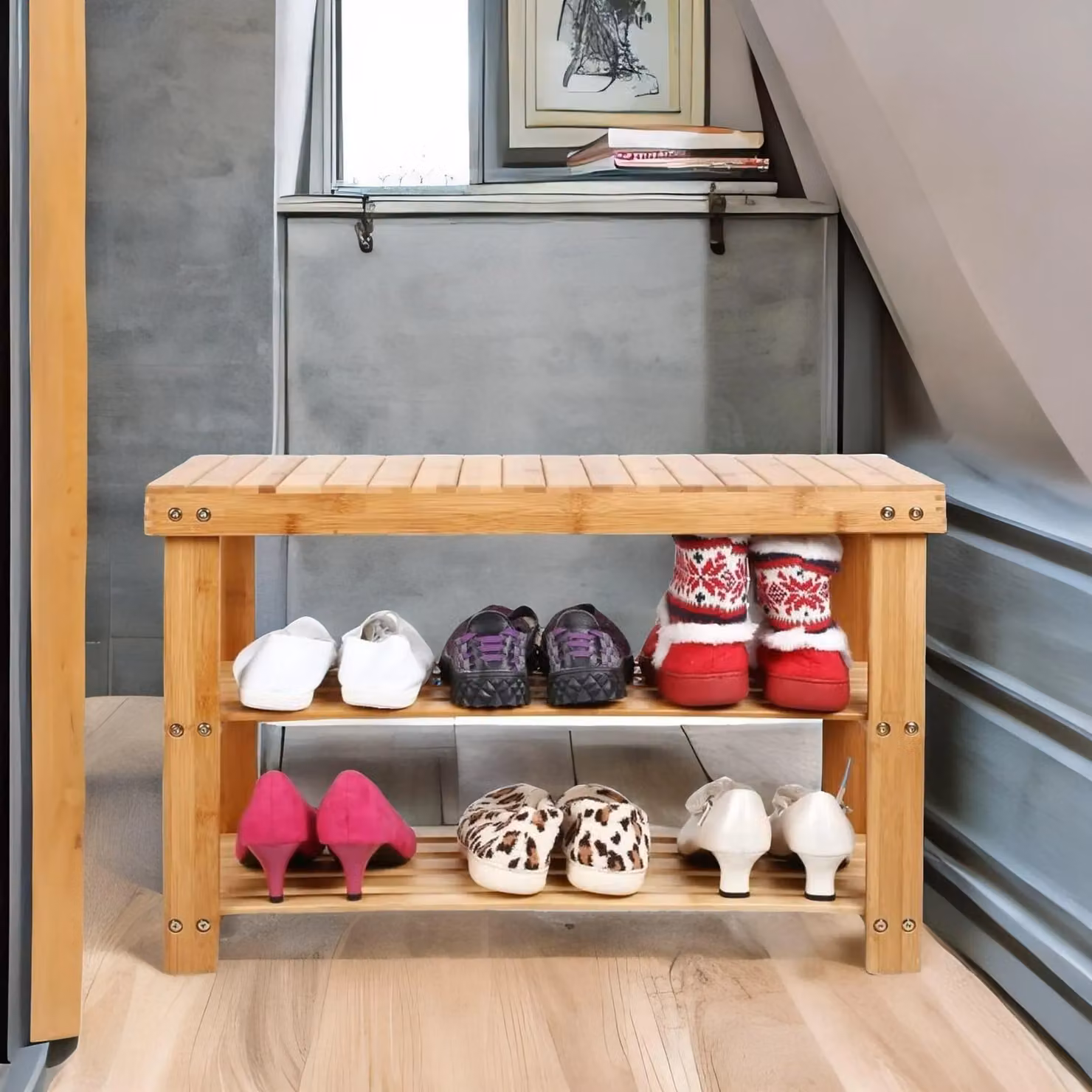 Rafaelo Mobilia 2 Tier Bamboo Shoe Storage Bench in Brown, W/D/H: 60 x 27 x 42 cm – 2