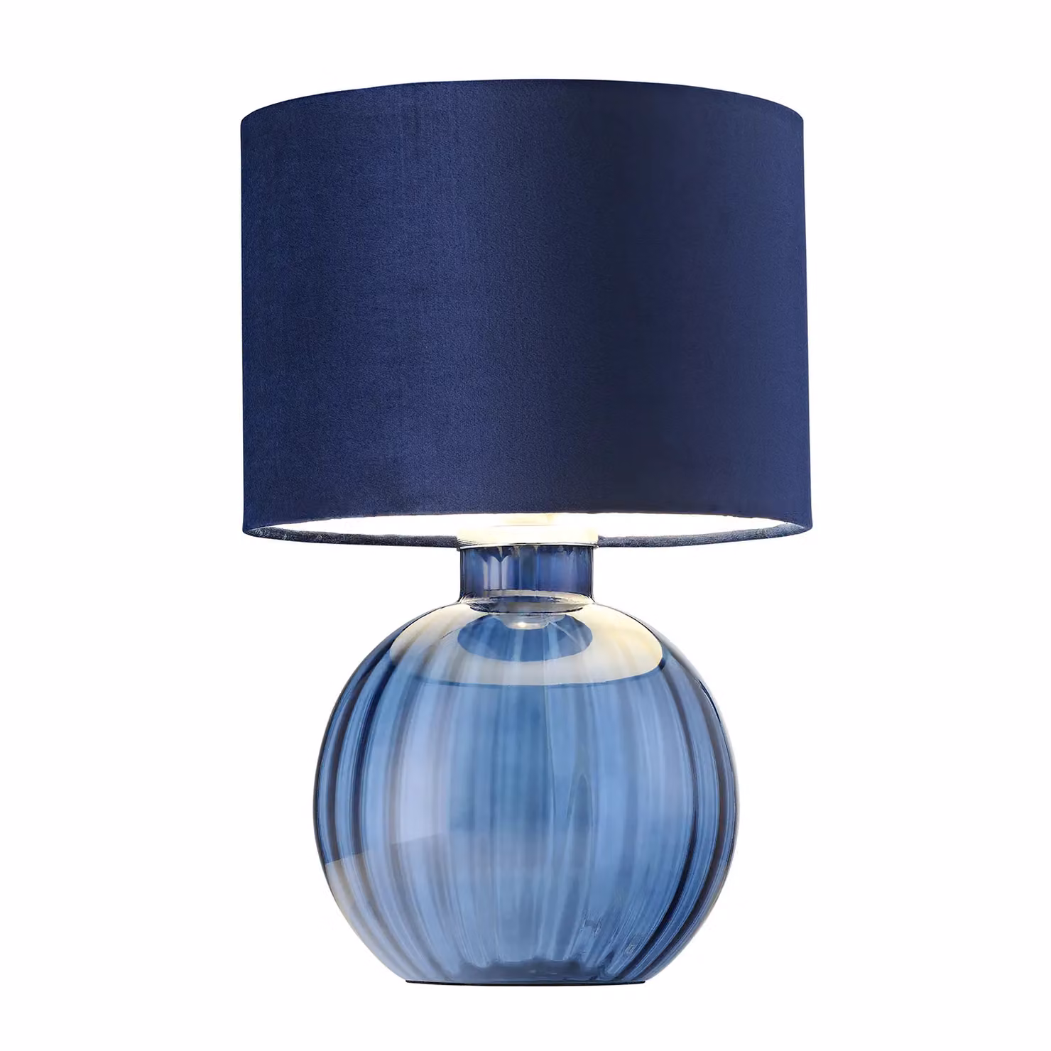 Happy Homewares Contemporary Ribbed Glass Table Lamp with Blue Velvet Fabric Shade – 2