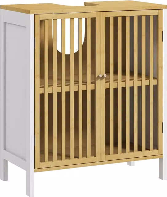 HOMCOM Retro Bamboo-Blend Under Sink Bathroom Cabinet with Internal Shelves and Hinged Doors W/D/H: 60 x 30 x 70 cm