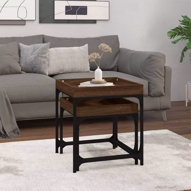 Berkfield Home Set of 2 Brown Oak Nesting Side Tables with Metal Legs
