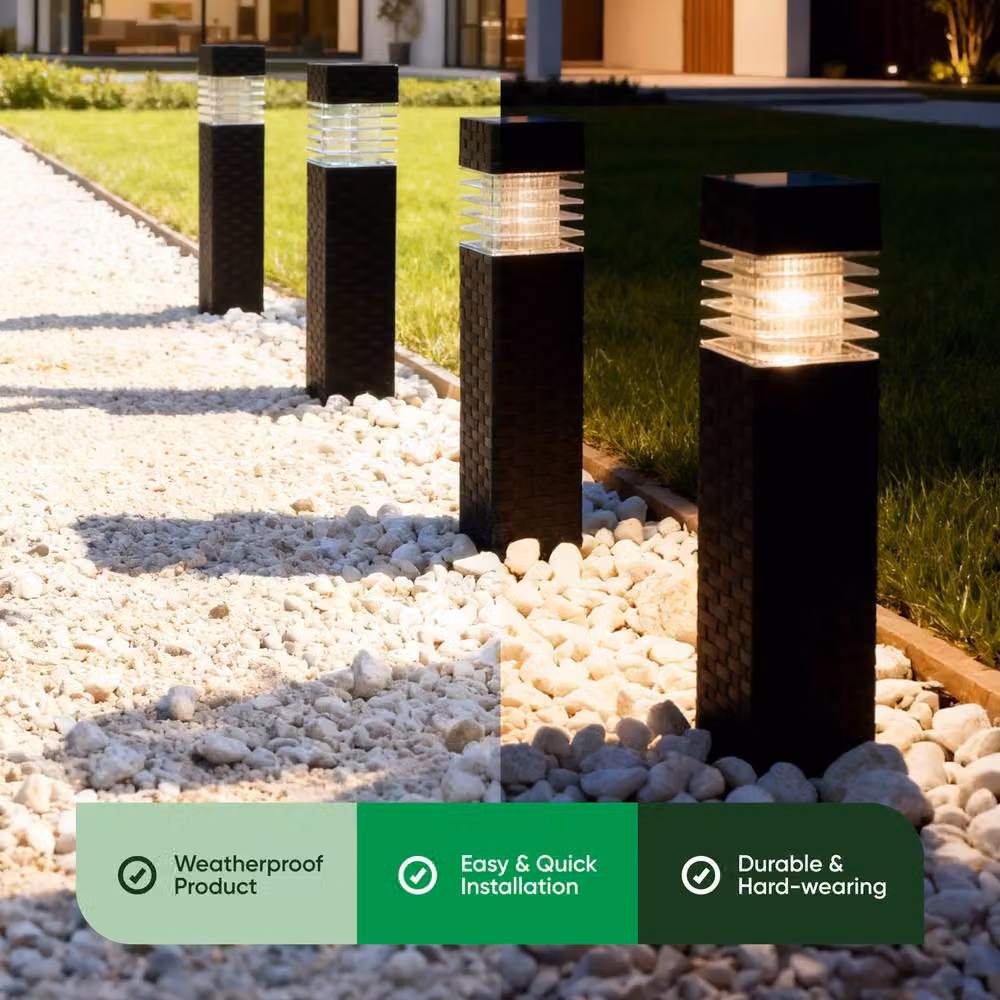 Gardenwize Pack of 4 Rattan Style Solar LED Garden Path Lights in Black with Warm White Light – 3