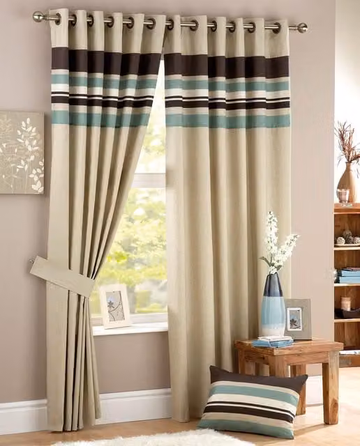 Terrys Harvard Ready Made Striped Eyelet Curtains in Duckegg Blue, Brown and Beige