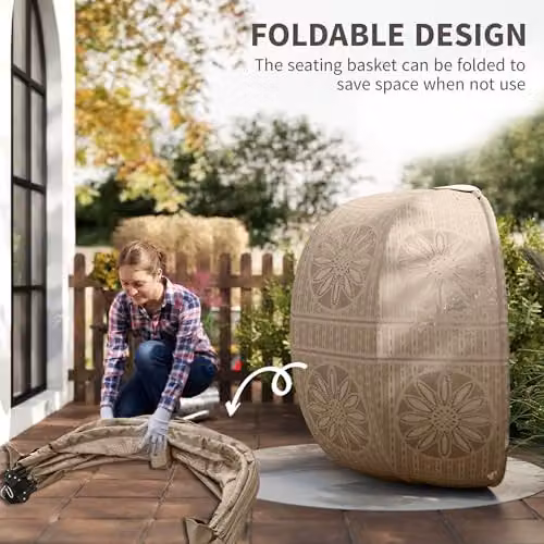 Outsunny Egg Hanging Swing Chair with Metal Stand and Cushions in Sand and Brown – 5