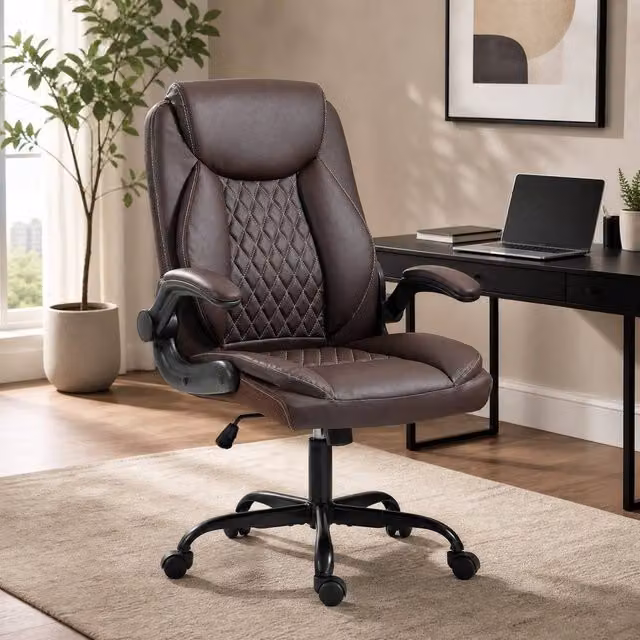STILVORA Brown Faux Leather Office Chair with Flip-Up Armrests, W/D/H: 65 x 47 x 120 cm – 1