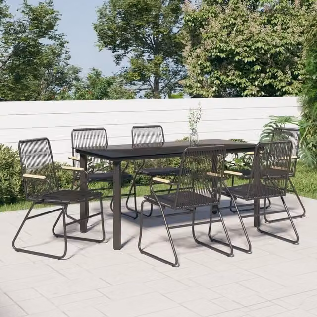 Berkfield Home 7 Piece Modern Garden Dining Set in Black PVC Rattan with Metal and Glass Details
