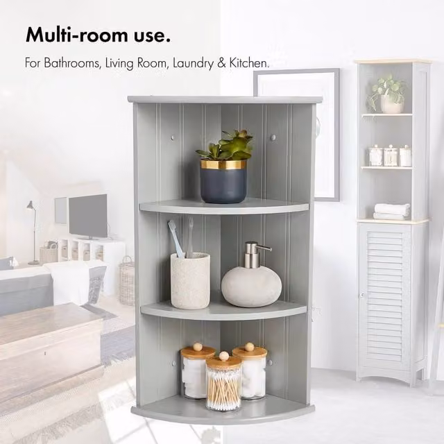 EONLION Grey Lacquered Corner Bathroom Shelf Unit with Back Panel