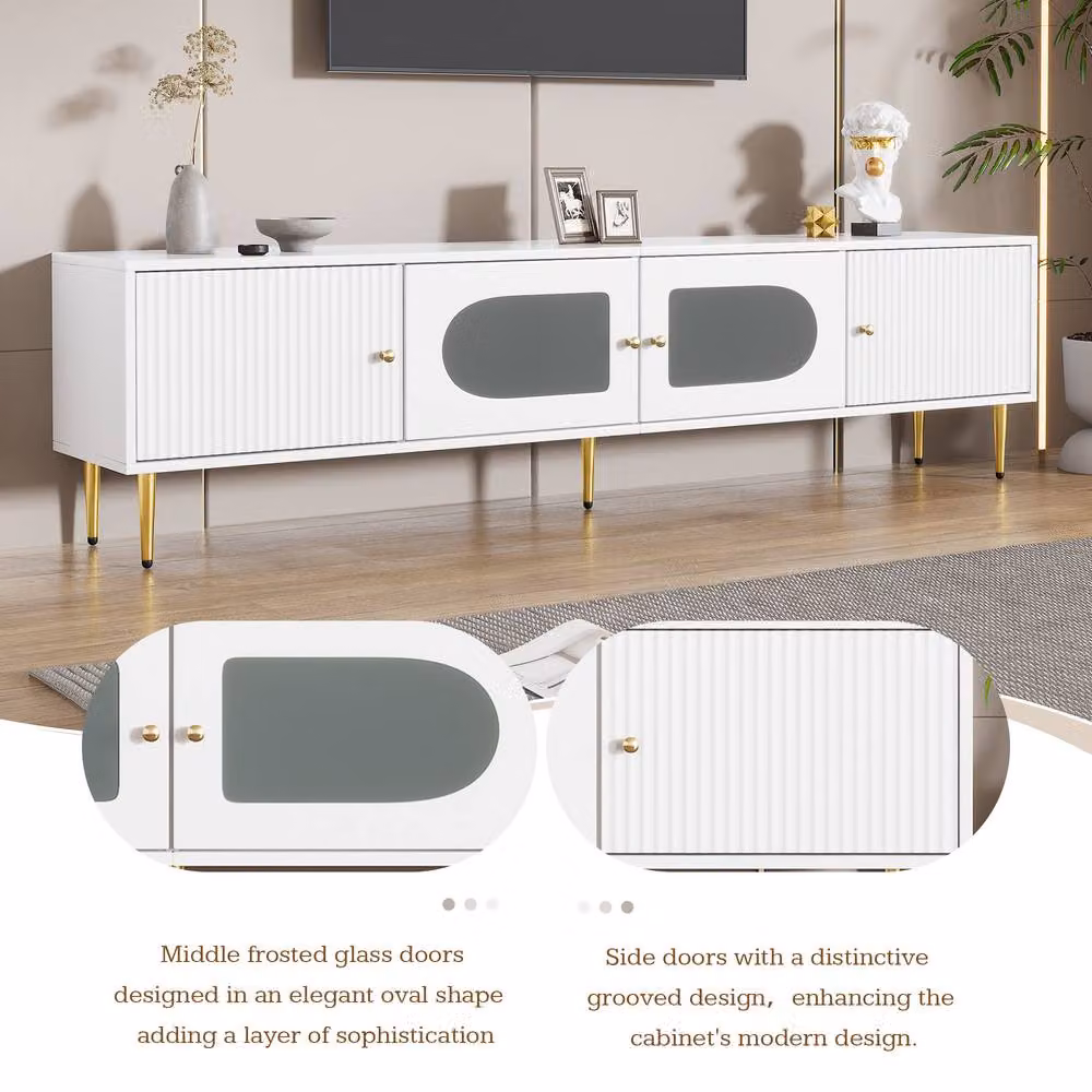 BTM Modern Glossy White TV Stand Cabinet with Glass Doors and Integrated Lighting W/D/H: 175 x 34 x 45.71 cm – 4