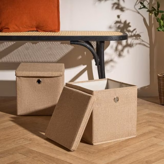 OHS Faux Linen Storage Box with Lid, Beige, Foldable and Stackable