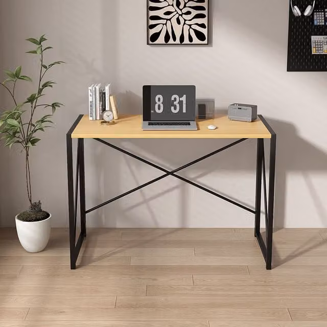 MCC Direct Miami Felix Folding Writing Desk in Natural Wood with X-Frame Design