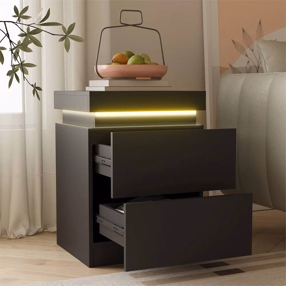 Havendro Black Bedside Table with 2 Drawers and Integrated RGB LED Lighting, W: 40 cm, D: 40 cm, H: 60 cm – 3