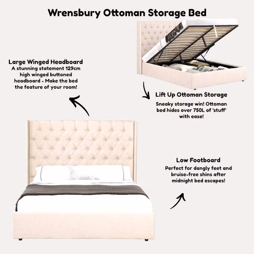 OAT Home Wrenbury Winged Chesterfield Upholstered Ottoman Storage Bed Frame in Sand, W/D/H: 180 x 200 x 166 cm – 6