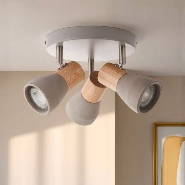 Pagazzi Stoneleigh 3 Light Ceiling Spotlight Plate in Grey Concrete and Wood Effect with Adjustable LED GU10 Lamps – 1