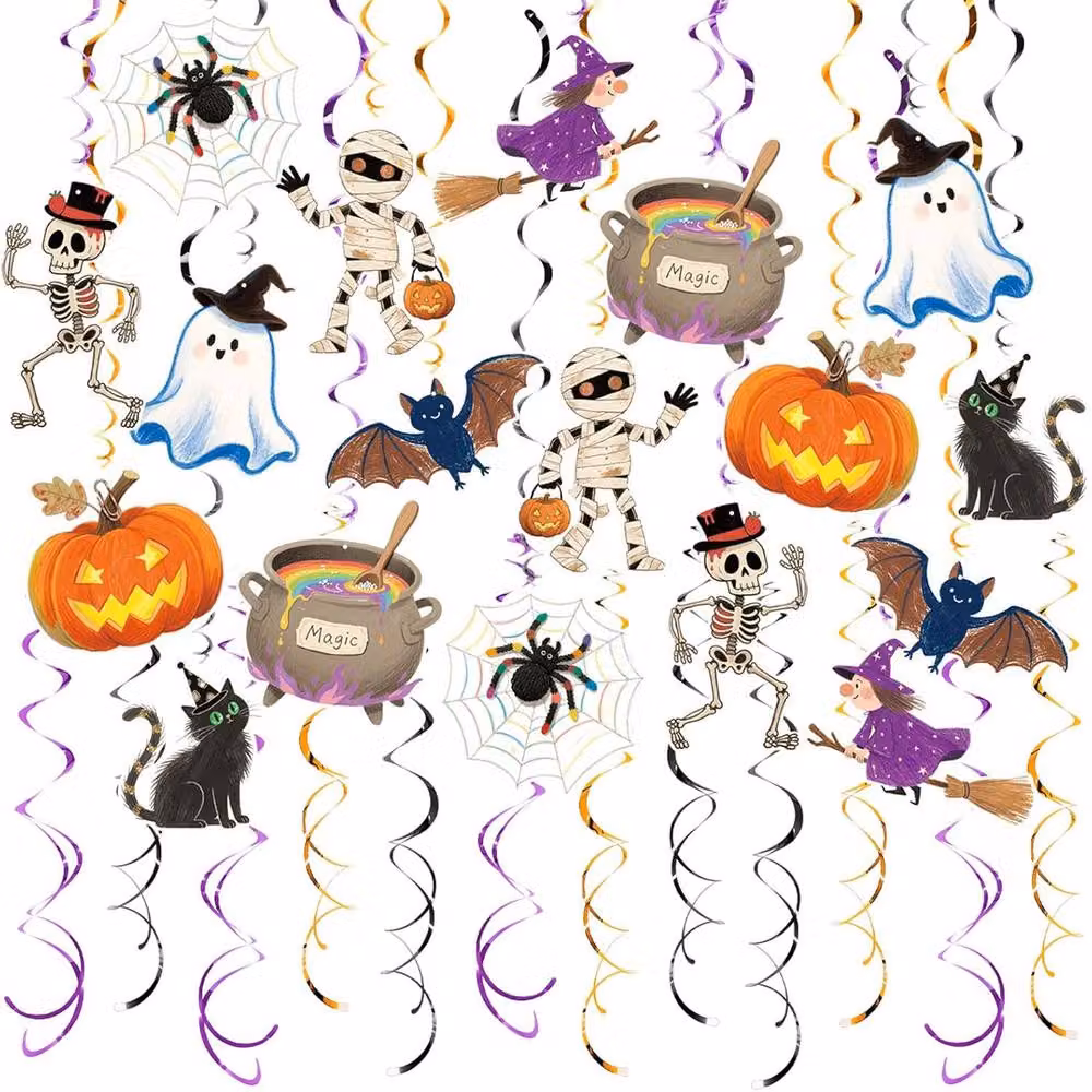 Lovii 48 Pack Halloween Hanging Swirl Decorations in Multicolour Ghost, Pumpkin, Skeleton, Animal and Witch Designs – 2