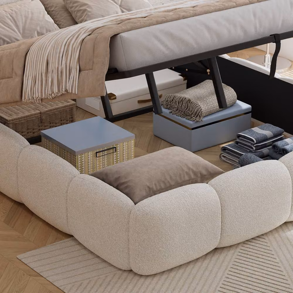 Merax Beige Boucle Upholstered Ottoman Bed with Storage, W/D/H: 140 x 200 x 100.5 cm – 4