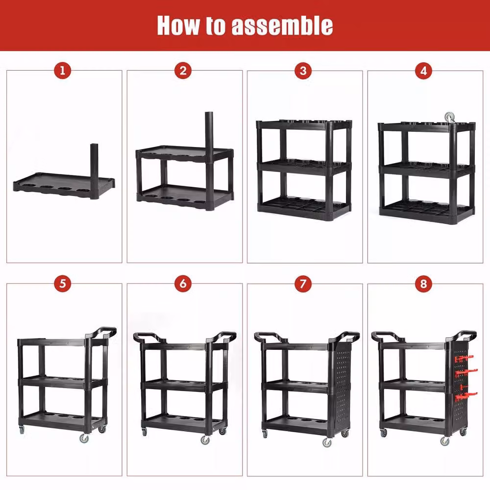 Dprodo 3 Tier Plastic Rolling Detailing Tool Cart, Black, W: 60 cm, D: 60 cm, H: 150 cm – 10
