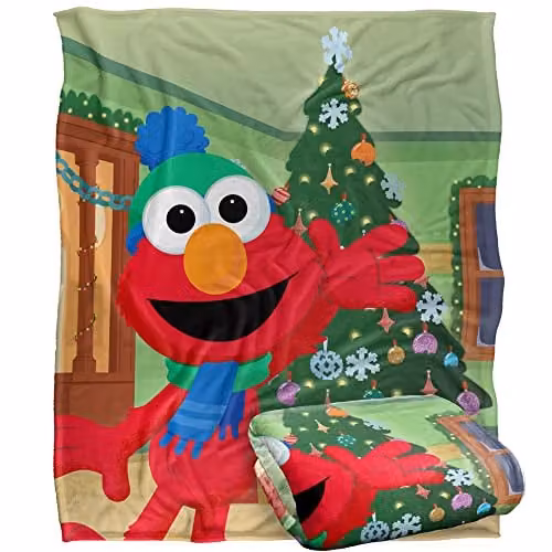 LOGOVISION Sesame Street Furry Friends Forever Elmo Christmas Tree Super Soft Fleece Throw Blanket, W/D/H: 152 x 127 x 1 cm, White and Multicolour
