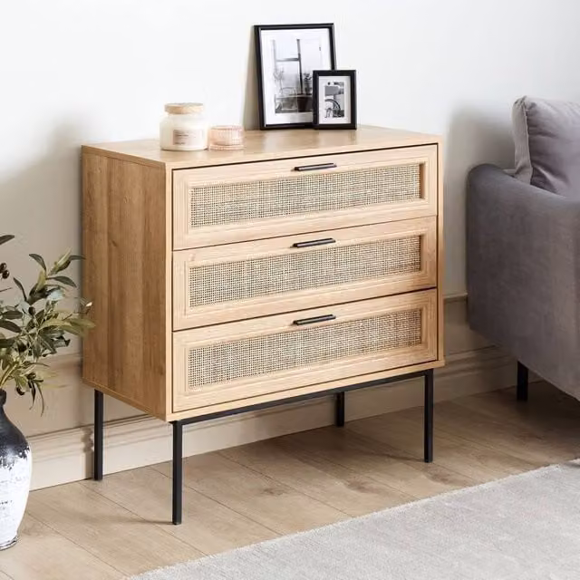 Wyld and Coco Boho Rattan 3-Drawer Chest with Black Frame in Brown – 1