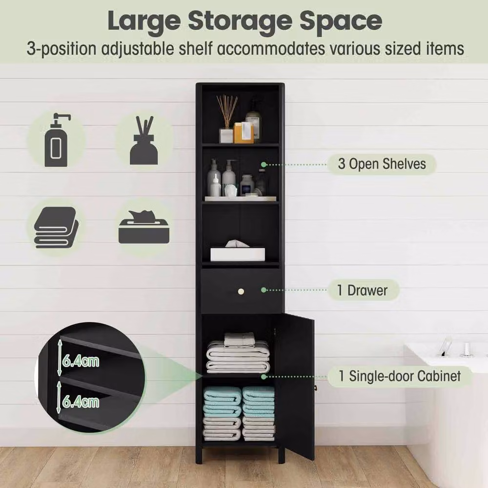 Costway Black Wooden Narrow Bathroom Floor Cabinet with Drawer and Shelves, Height: 170 cm, Width: 30 cm, Depth: 40 cm – 6