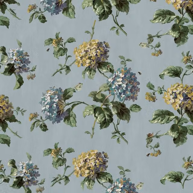 House of Hackney Hortensia Wallpaper in Sky Blue with Botanical and Floral Patterns