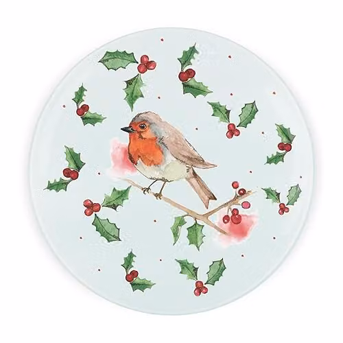 Purely Home Christmas Robins Round Glass Worktop Protector with Non-Slip Feet, Multicolour, Diameter: 30 cm