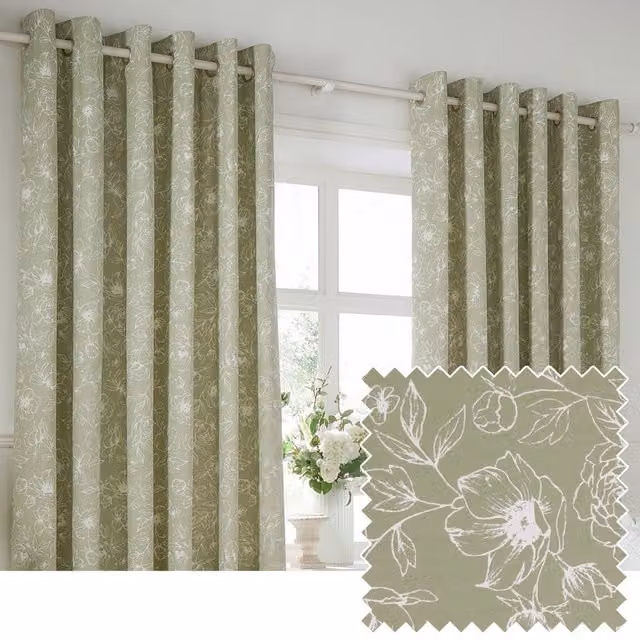 Wylder Bella Green Floral 100% Cotton Eyelet Curtain Pair, Width: 168 cm, Drop: 137 cm – 1