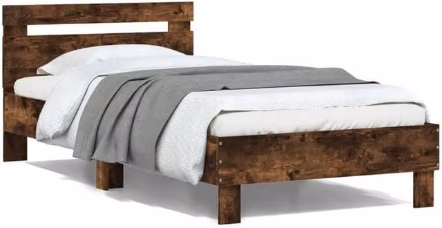 Berkfield Home Bed Frame with Headboard in Smoked Oak Brown, W/D/H: 100 x 200 cm