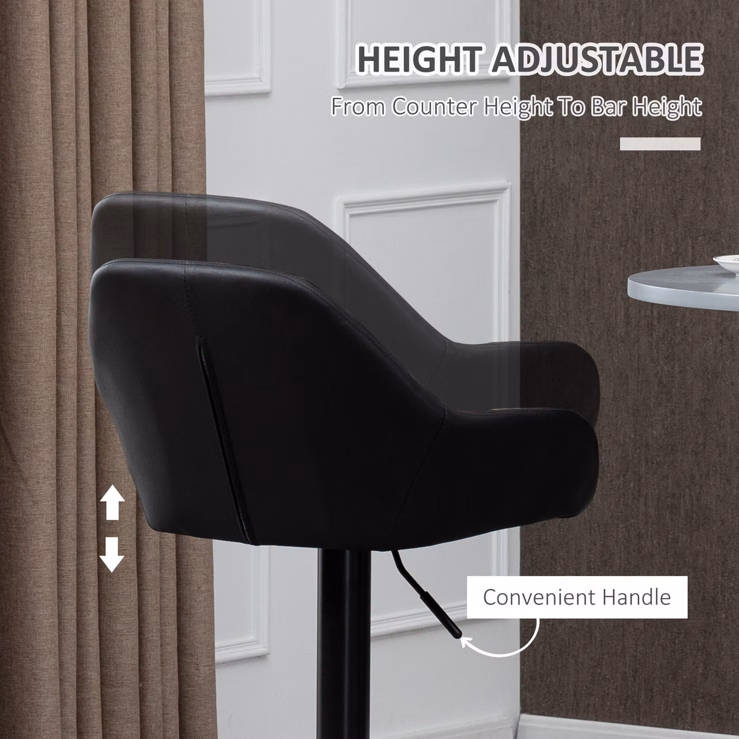 HOMCOM Set of 2 Black PU Leather Height Adjustable Swivel Bar Stools with Armrests and Backs – 5
