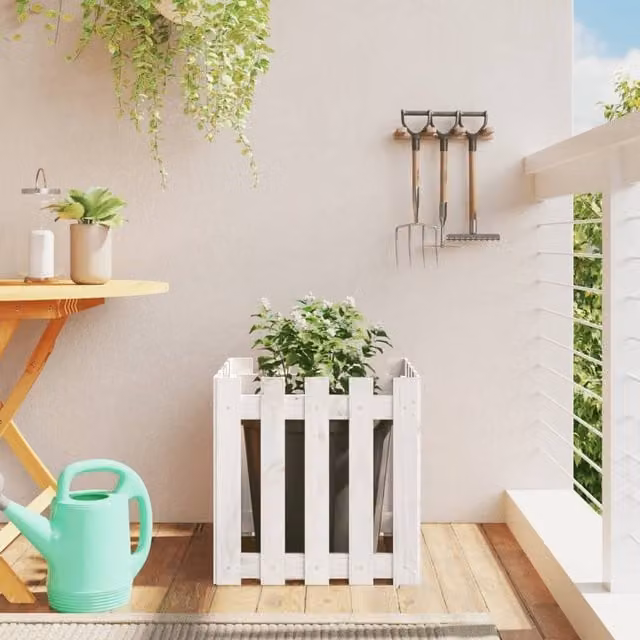 Berkfield Home Garden Planter in White with Fence Design, Solid Wood and Plastic, W/D/H: 50 x 50 x 50 cm