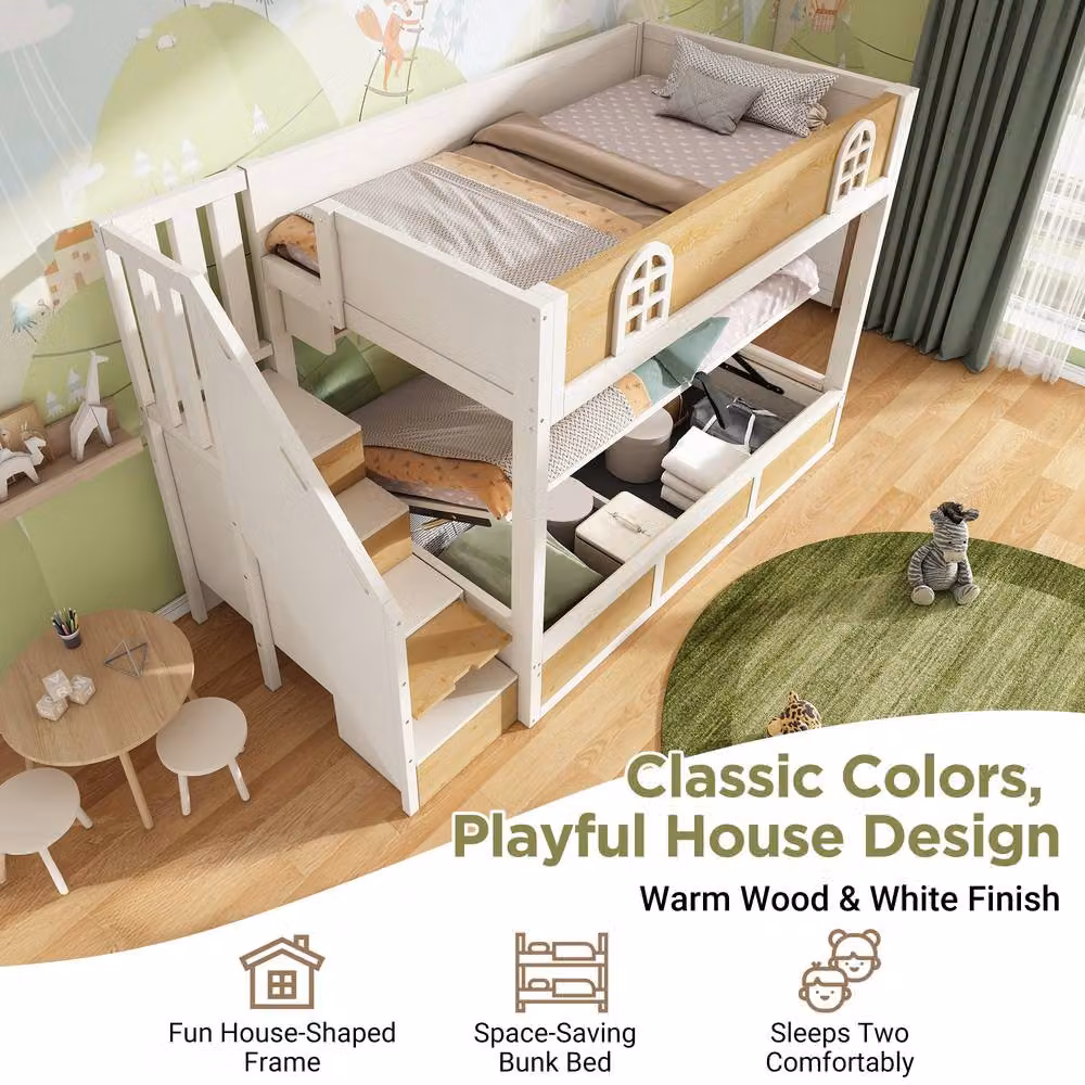 Rolipo White Solid Wood Double Kids Bunk Beds with Staircase and Hydraulic Storage W/D/H: 140 x 200 cm – 3