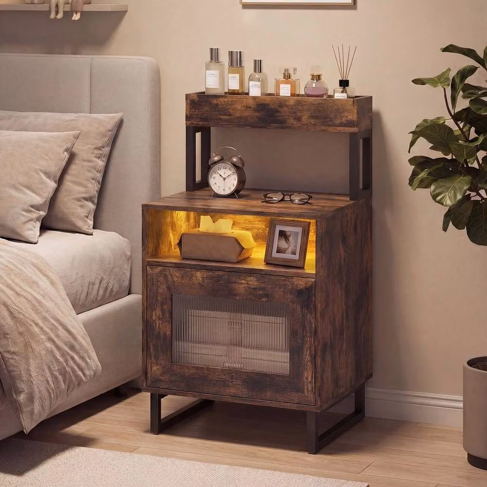 FORGEVIO Modern End Table with Integrated Lighting and Storage Cabinet in Brown – 3