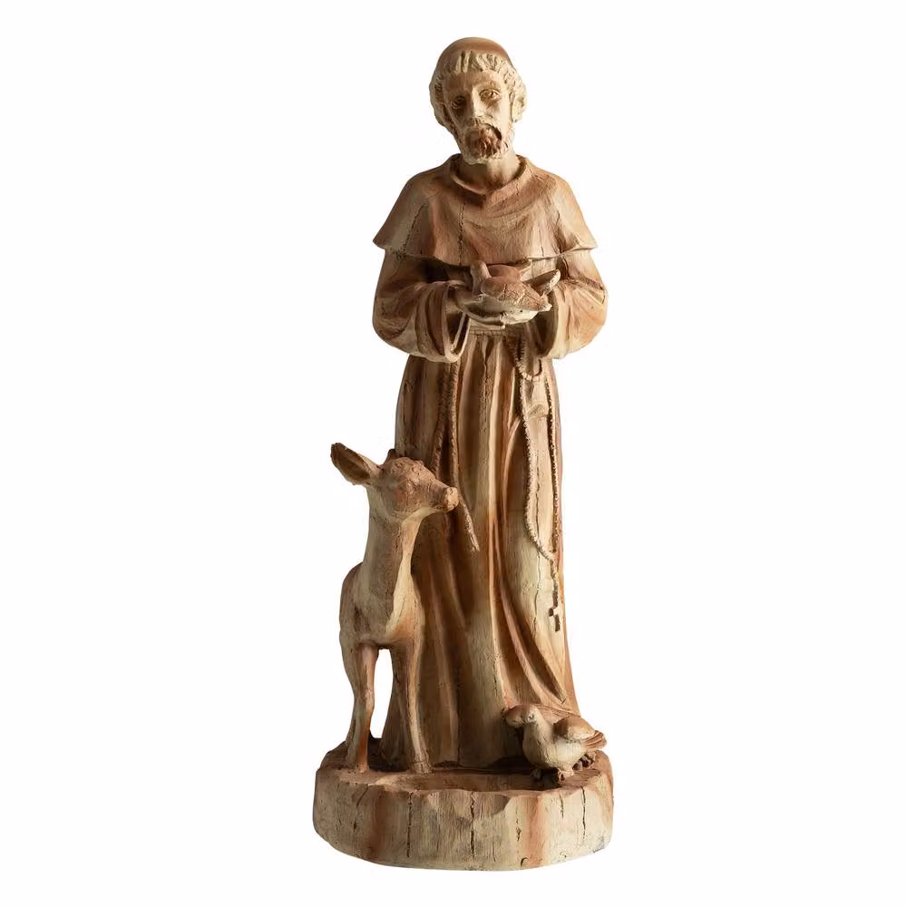 Gymax St. Francis Patron of Animals Statue with Bird Feeder, Brown Stone Sculpture, Height: 62 cm – 10