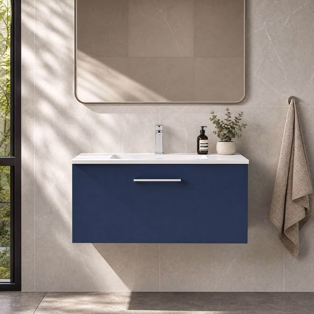 Balterley Modern Wall Hung Bathroom Vanity Unit with Basin and Single Soft Close Drawer, Blue – 4