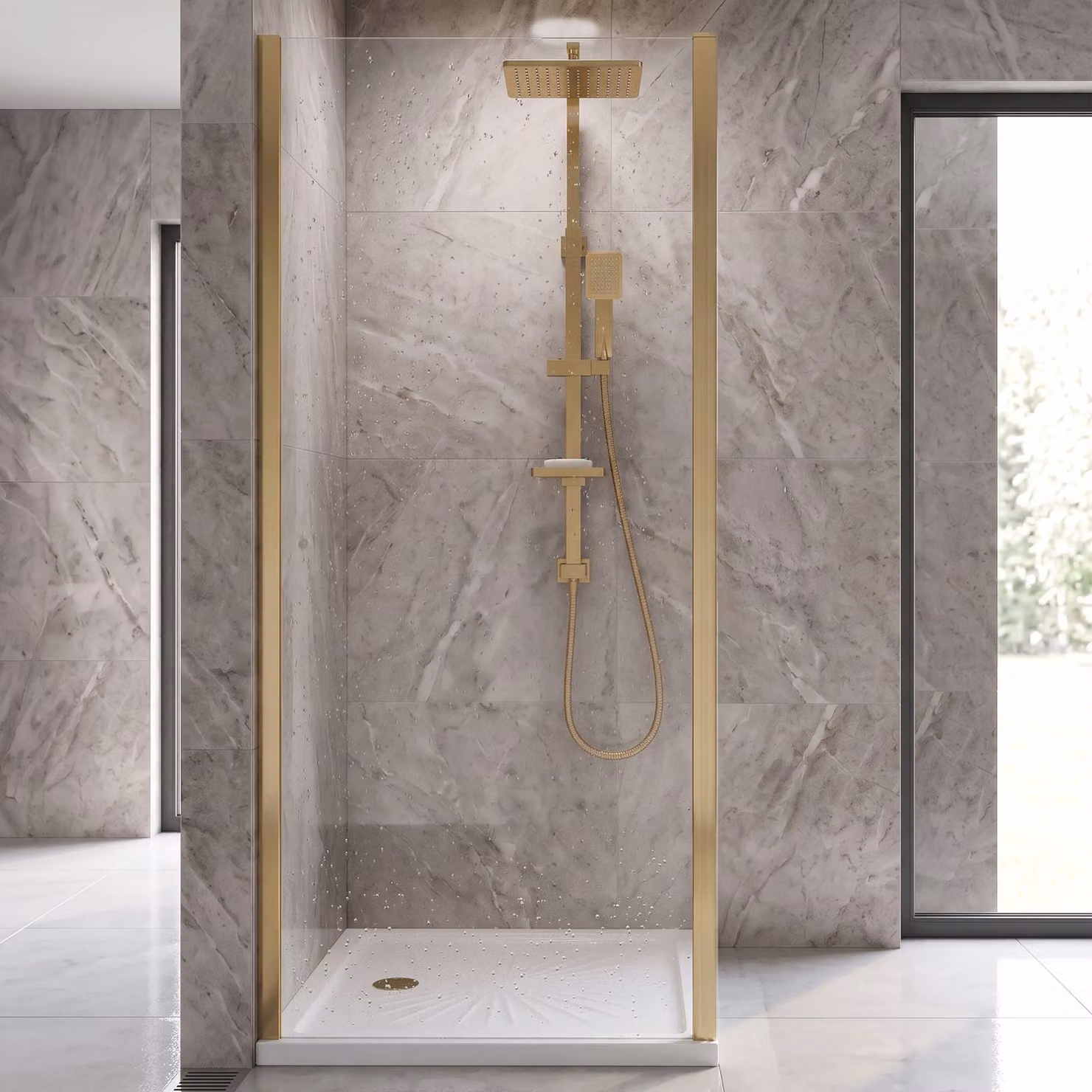 Balterley Reversible Safety Glass Shower Side Panel, Brushed Brass, 6mm, Width: 900 mm